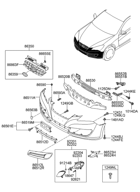 2009 Hyundai Genesis Coupe Grille-Front Fog,LH Diagram for 86555-2M000