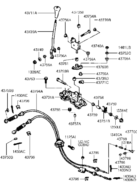 2019 Hyundai Veloster Manual Transmission Lever Cable Assembly Diagram for 43794-24000