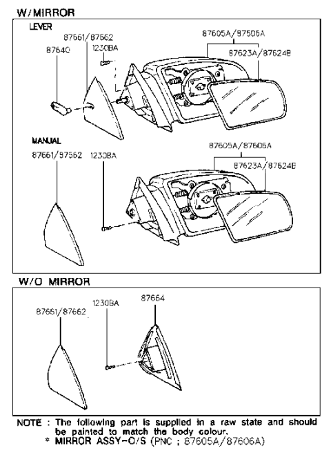 1990 Hyundai Excel Mirror & Holder Assembly-Outside Rear Vi Diagram for 87623-24000