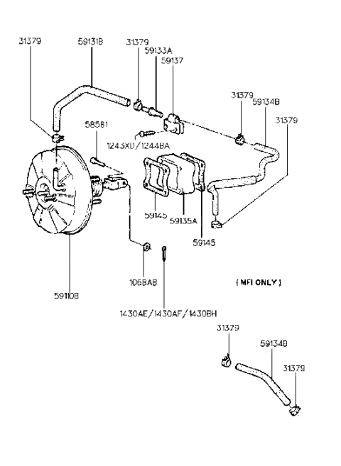 1990 Hyundai Excel Hose-Brake Booster Vacuum Diagram for 59131-24001