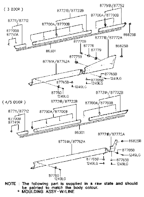 1991 Hyundai Excel Clip-Quarter Waist Line Moulding Mounting Diagram for 87700-24500