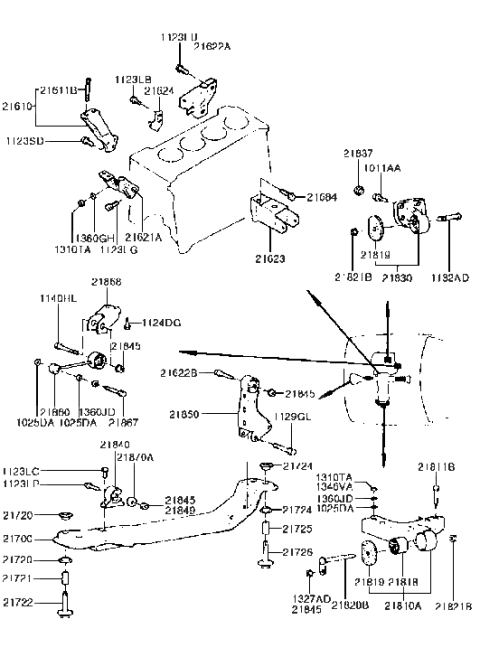 1990 Hyundai Excel Engine & Transaxle Mounting Diagram