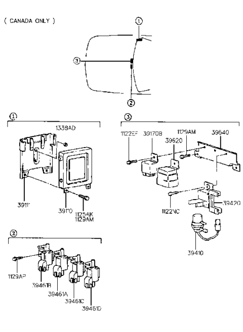 1991 Hyundai Excel Computer Engine Control Module Diagram for 39110-24563