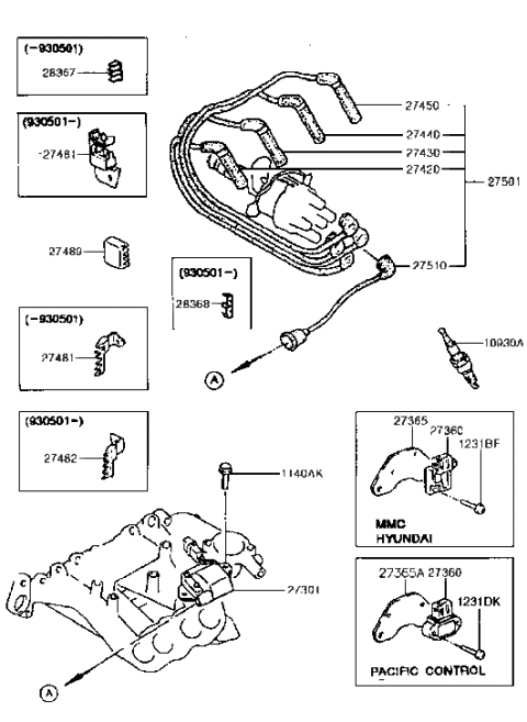 1992 Hyundai Excel Cable Set-Spark Plug Diagram for 27501-24B20