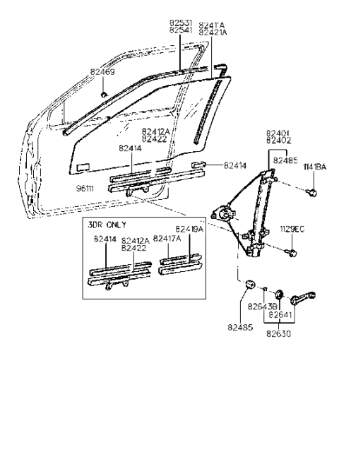 1994 Hyundai Excel Front Door Window Regulator & Glass Diagram