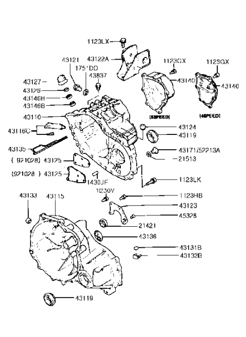 1990 Hyundai Excel Cover Assembly-Manual TRANSAXLE Case Rear Diagram for 43140-36000