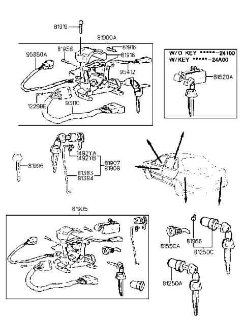 1990 Hyundai Excel Door Lock Assembly,Right Diagram for 81908-24A10