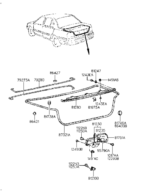 1990 Hyundai Excel Trunk Lid Latch Assembly Diagram for 81240-24000