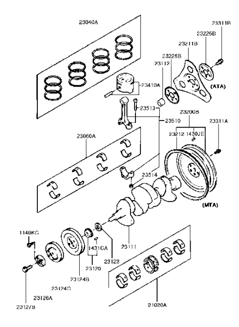 1992 Hyundai Excel FLYWHEEL Assembly Diagram for 23200-21000