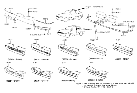 1992 Hyundai Excel Radiator Grille Diagram for 86350-24100-CA