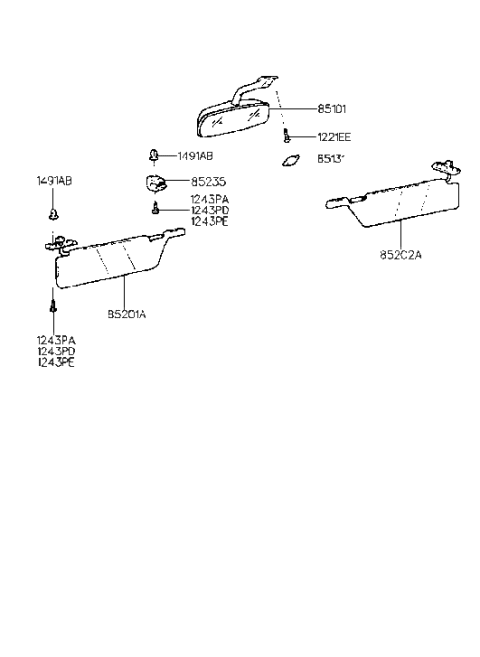 1992 Hyundai Excel Sun Visor Assembly, Right Diagram for 85202-24651-BP