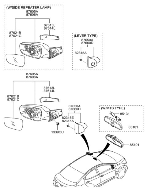 2011 Hyundai Elantra Korean made Mirror-Outside Rear View Diagram