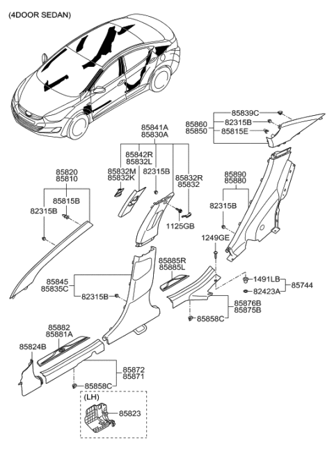 2013 Hyundai Elantra Trim Assembly-Cowl Side RH Diagram for 85824-3X000-RY