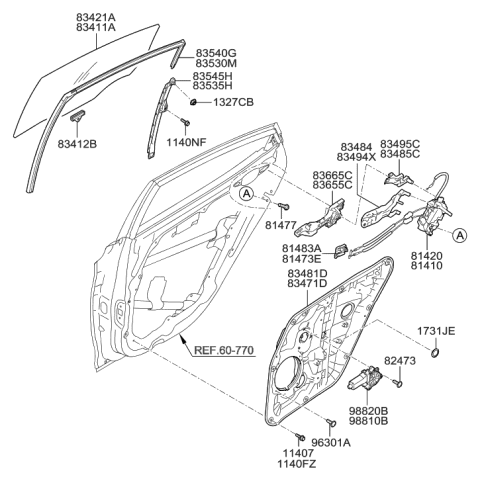 2011 Hyundai Elantra Korean made Rear Door Window Regulator & Glass Diagram