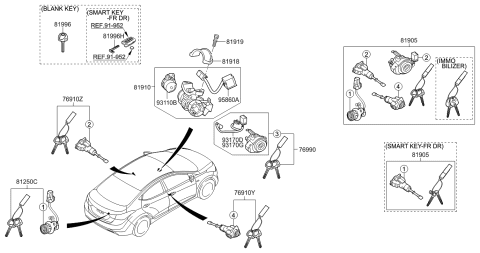 2011 Hyundai Elantra Korean made Key & Cylinder Set Diagram