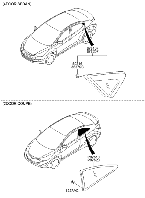 2011 Hyundai Elantra Korean made Quarter Window Diagram