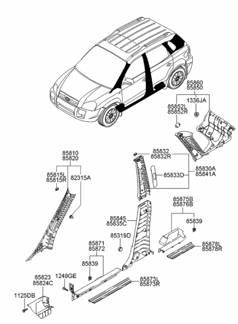 2006 Hyundai Tucson Trim Assembly-Rear Pillar LH Diagram for 85850-2E000-J9