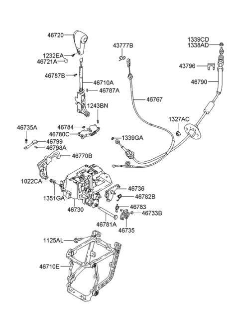 2022 Hyundai Genesis G70 Automatic Transmission Lever Cable Assembly Diagram for 46790-2E000