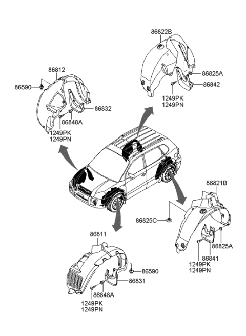 2004 Hyundai Tucson Rear Wheel Guard Assembly,Right Diagram for 86822-2E010