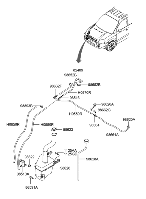 2004 Hyundai Tucson Windshield Washer Reservoir Assembly Diagram for 98620-2E000