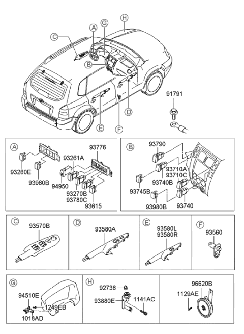 2005 Hyundai Tucson Power Window Main Switch Assembly Diagram for 93570-2E200-LM
