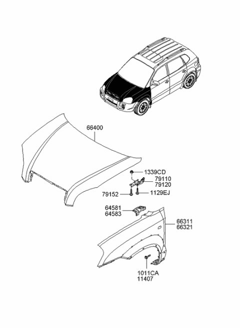 2006 Hyundai Tucson Produced Before OCT.30.2006 Fender & Hood Panel Diagram
