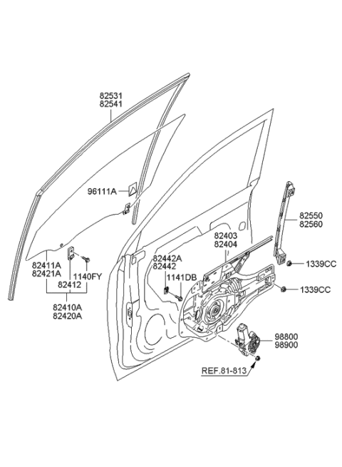 2005 Hyundai Tucson Front Door Window Regulator & Glass Diagram