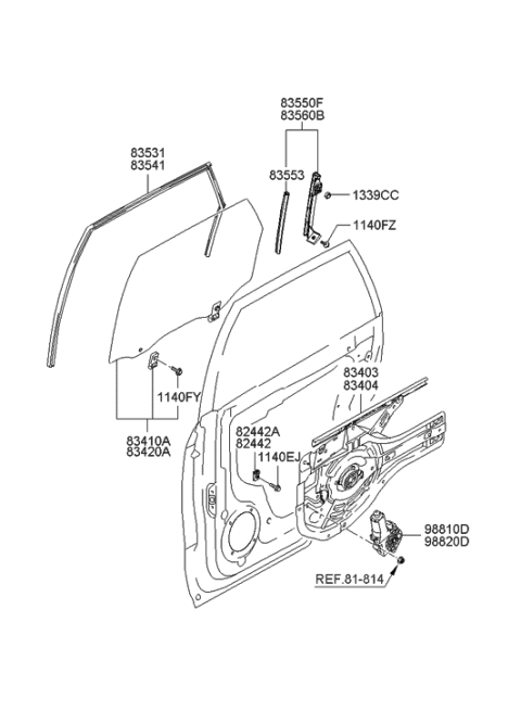 2006 Hyundai Tucson Rear Door Window Reg & Glass Diagram