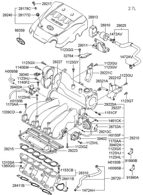 2004 Hyundai Tucson Engine Cover Assembly Diagram for 29240-23680