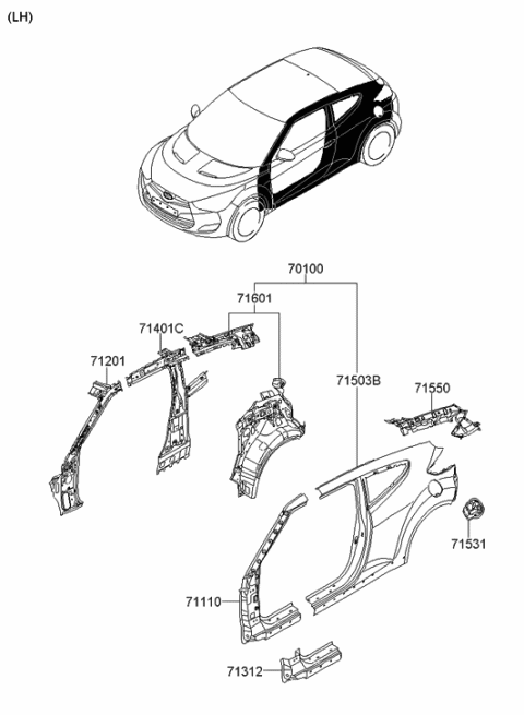 2012 Hyundai Veloster Panel Assembly-Pillar Outer,LH Diagram for 71110-2VA60