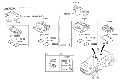 2016 Hyundai Santa Fe Sport Overhead Console Lamp Assembly Diagram for 92800-1R000-8M