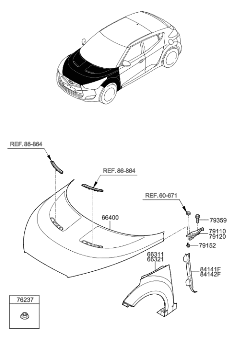 2011 Hyundai Veloster Fender & Hood Panel Diagram