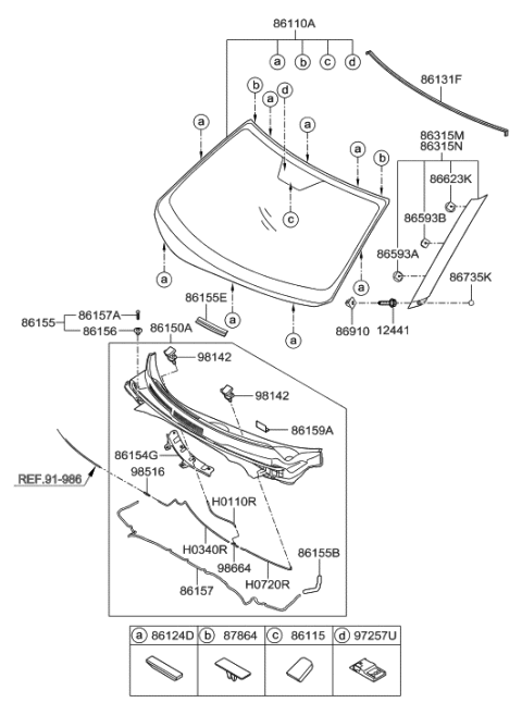 2011 Hyundai Veloster Windshield Glass Assembly Diagram for 86110-2V310