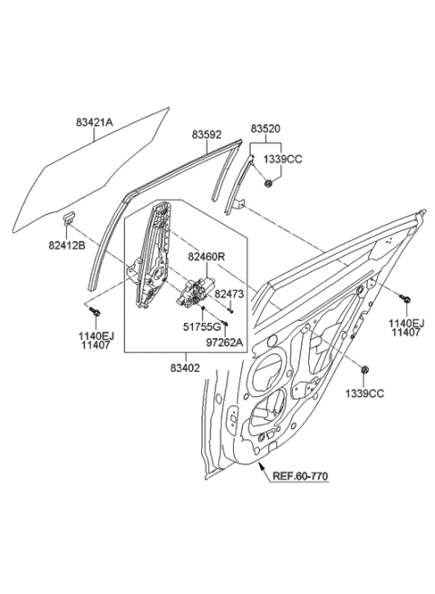 2012 Hyundai Veloster Run-Rear Door Window Glass Diagram for 83541-2V000