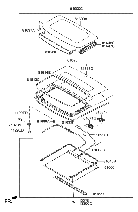2018 Hyundai Santa Fe Sport Panorama Roof Glass Assembly, Rear Diagram for 81616-2V000