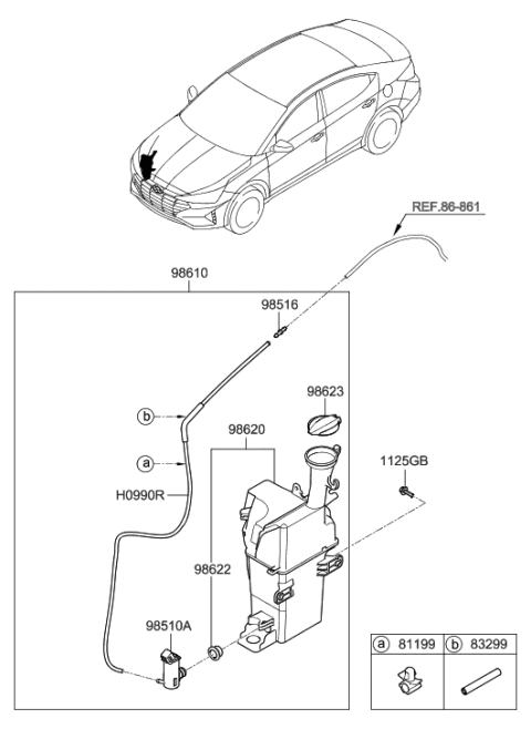 2019 Hyundai Elantra Windshield Washer Reservoir Assembly Diagram for 98620-F3500