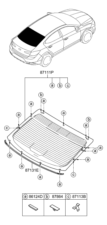 2019 Hyundai Elantra US Alabama made Rear Window Glass & Moulding Diagram