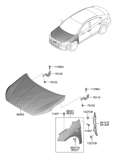 2019 Hyundai Elantra US Alabama made Fender & Hood Panel Diagram