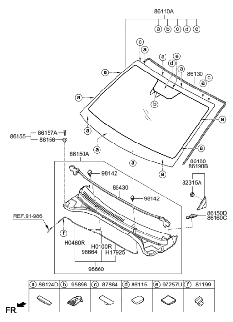 2019 Hyundai Elantra US Alabama made Windshield Glass Diagram