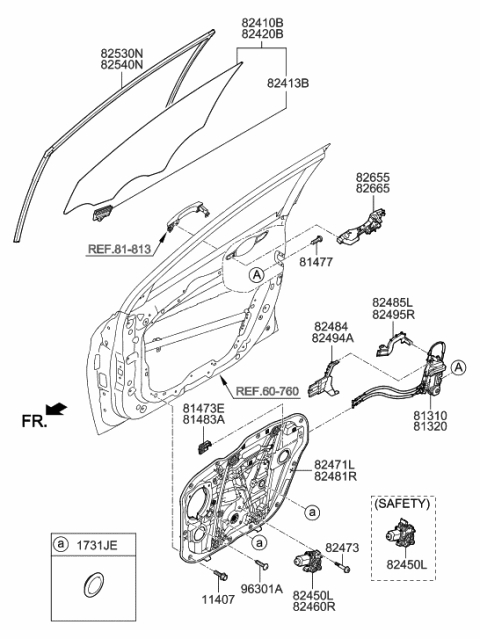 2020 Hyundai Elantra US Alabama made Front Door Window Regulator & Glass Diagram