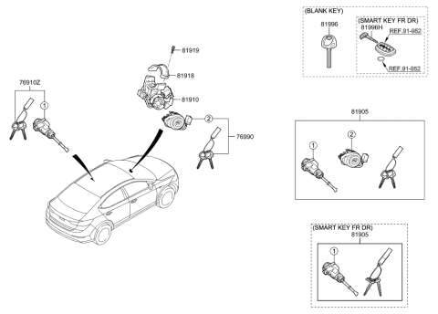 2020 Hyundai Elantra US Alabama made Key & Cylinder Set Diagram