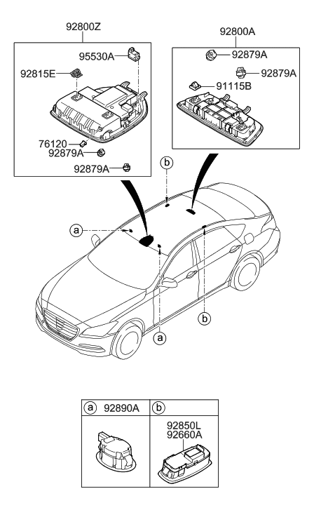 2016 Hyundai Genesis Overhead Console Lamp Assembly Diagram for 92810-B1020-SG2