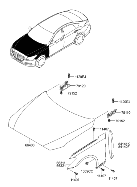 2014 Hyundai Genesis New Body Style Fender & Hood Panel Diagram