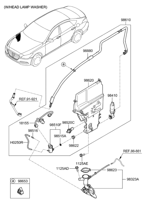 2015 Hyundai Genesis Front Windshield Washer Motor & Pump Assembly Diagram for 98510-3W000