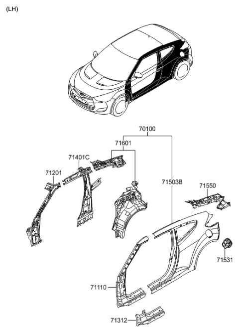 2017 Hyundai Veloster Panel Assembly-Pillar Outer,LH Diagram for 71110-2VA76