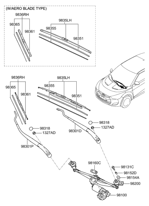 2015 Hyundai Veloster Passeger Wiper Blade Assembly Diagram for 98360-A9500