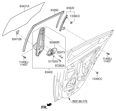 2016 Hyundai Veloster Rear Door Window Regulator & Glass Diagram