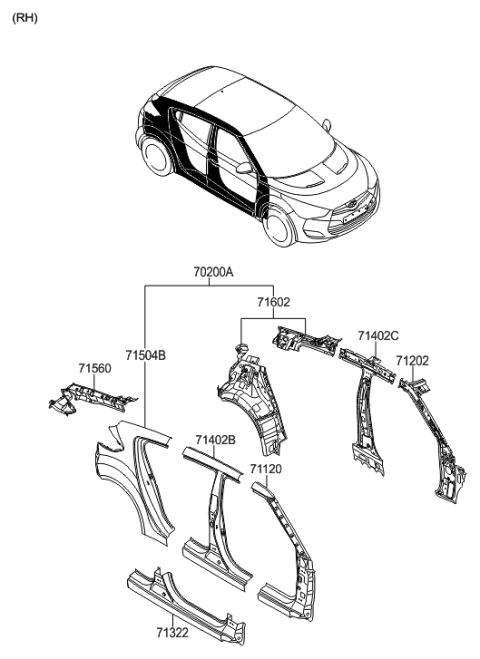 2016 Hyundai Veloster Pillar Assembly-Front Inner,RH Diagram for 71202-2V150