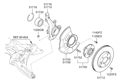 1991 Hyundai Scoupe Front Wheel Hub Assembly Diagram for 51750-A5000