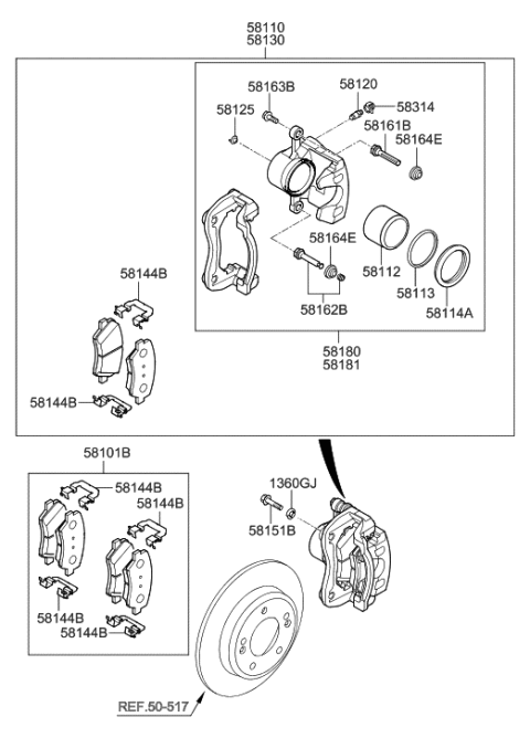 1990 Hyundai Scoupe CALIPER Kit-Front Brake,RH Diagram for 58190-2VA25